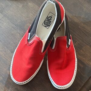 Vans Classic Red, Black and White Slip ons with Black and White Checkered soles